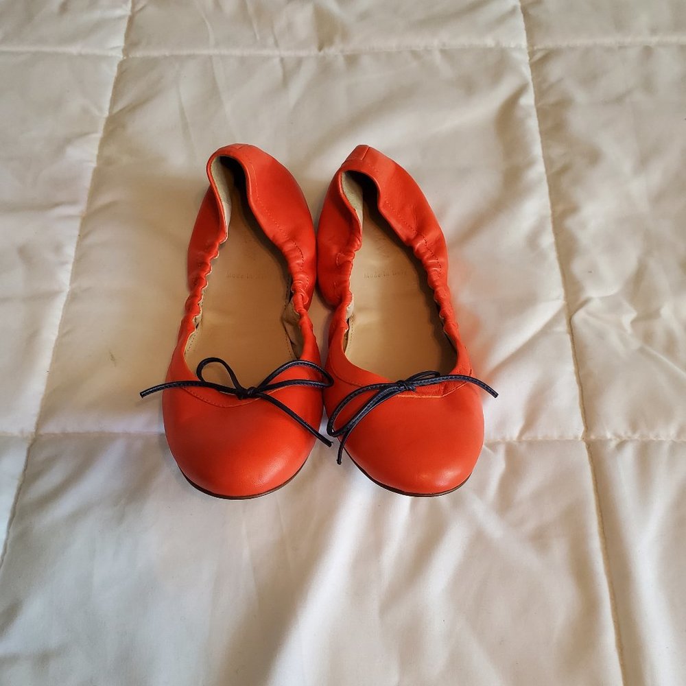 J. Crew Orange Leather Ballet Flats with Navy Bow - Picture 4 of 4